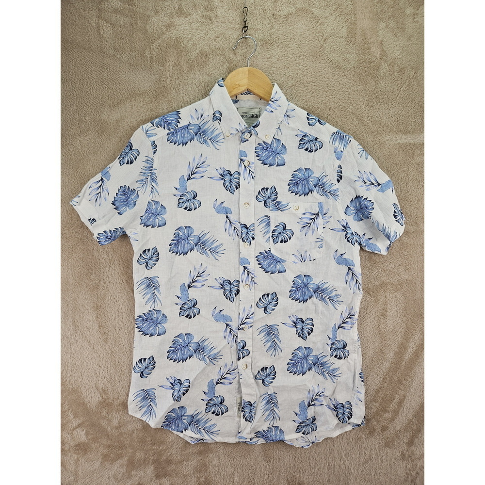 Heritage Report Collection 100% Linen Shirt Size S Blue White Floral Button-down